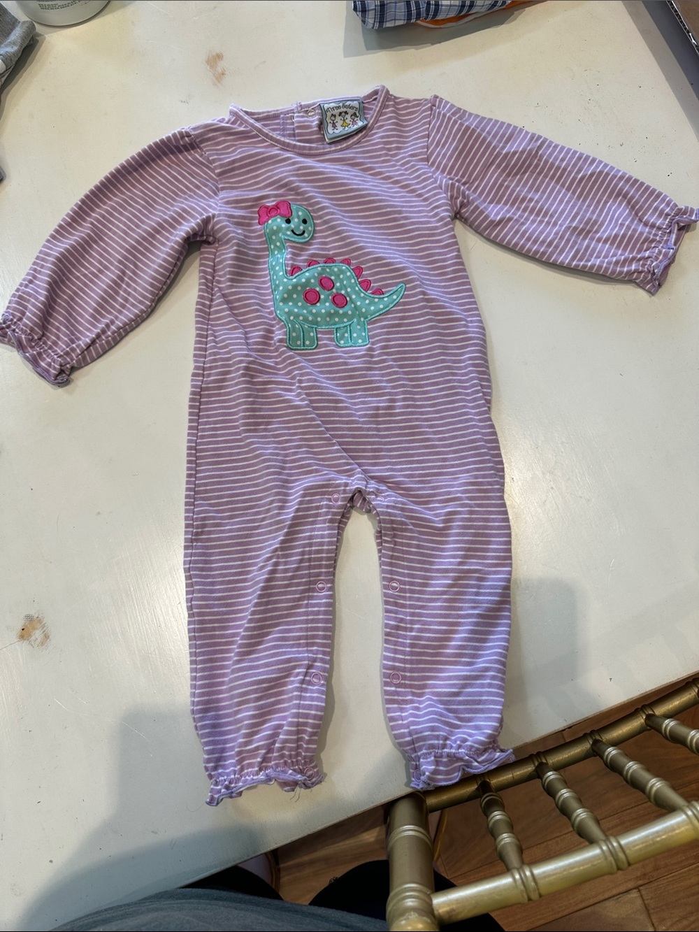 Lilac Striped Baby Footie with Teal Dino Applique
